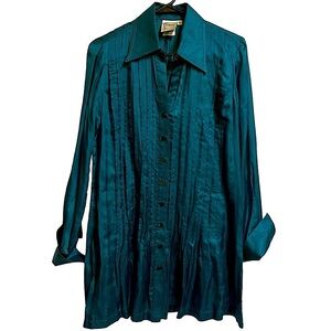 Finley Dark Turquoise Teal Long Sleeve Pin Tuck Tunic Blouse Small Cotton Silk